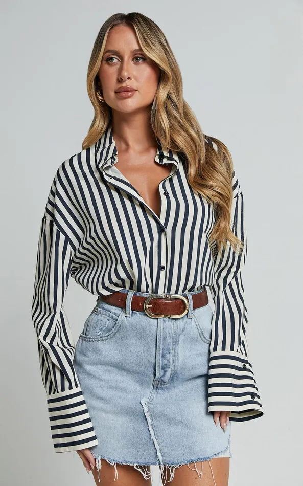 Showpo Anderson Top 8211 Collared Long Sleeve Shirt In Navy Stripe Women Curve Clothes
