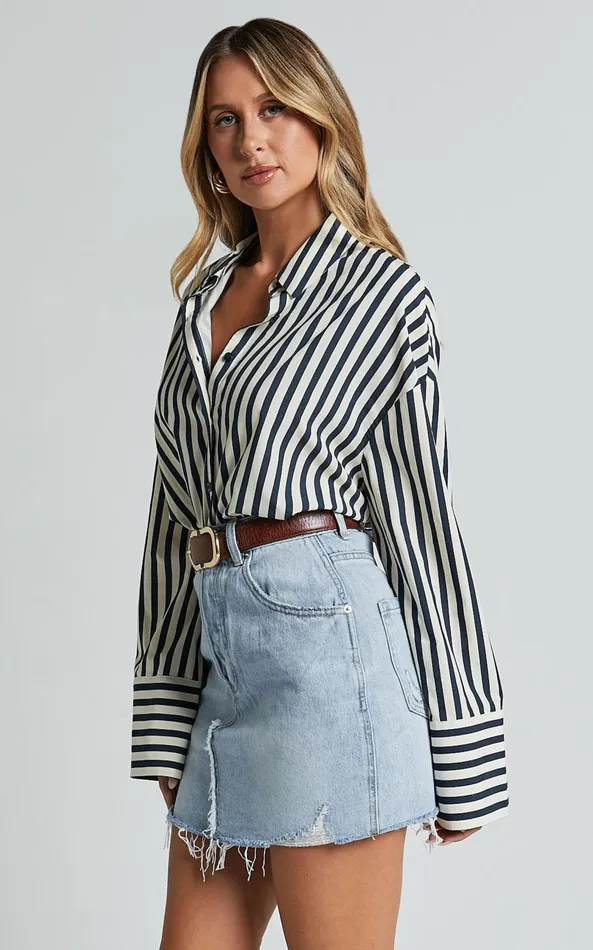 Showpo Anderson Top 8211 Collared Long Sleeve Shirt In Navy Stripe Women Curve Clothes