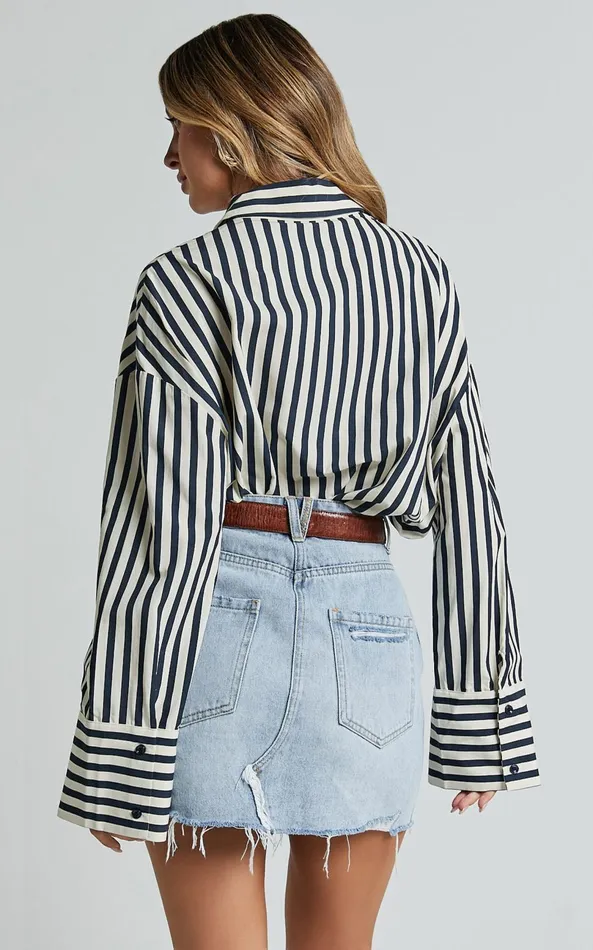 Showpo Anderson Top 8211 Collared Long Sleeve Shirt In Navy Stripe Women Curve Clothes