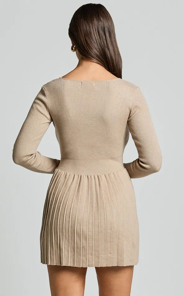 Showpo Andi Mini Dress 8211 Long Sleeve A Line Pleated Knit Mini Dress In Beige Women Dresses