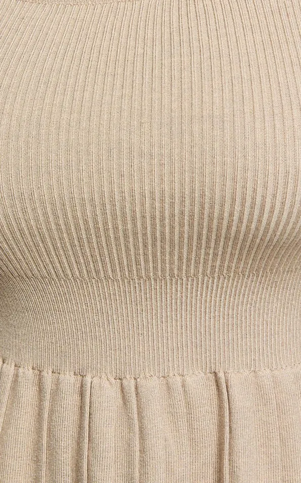 Showpo Andi Mini Dress 8211 Long Sleeve A Line Pleated Knit Mini Dress In Beige Women Dresses