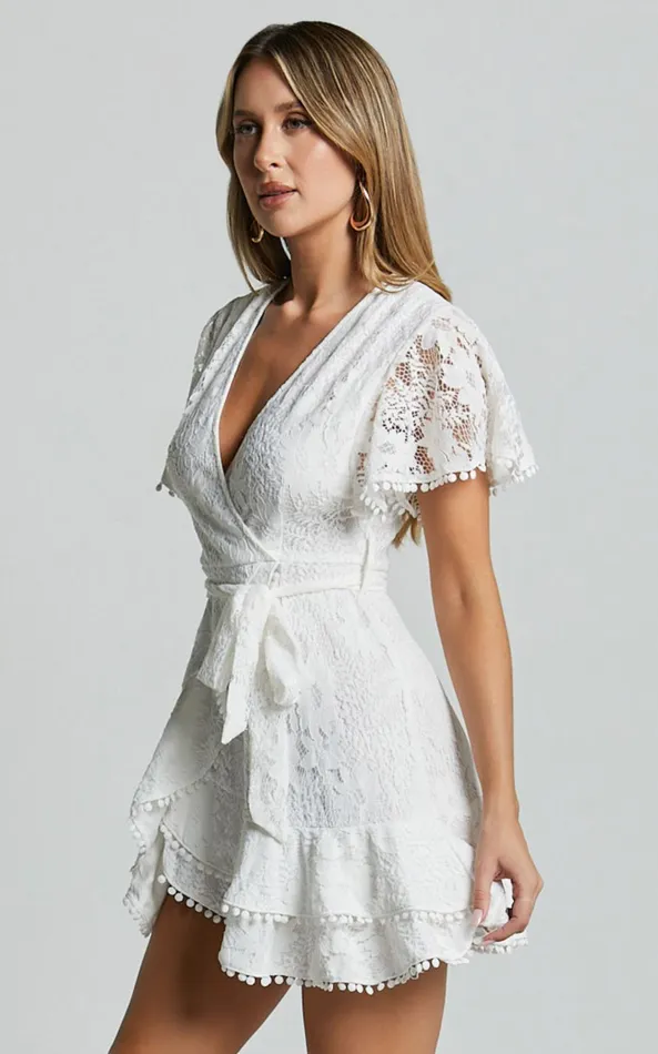 Showpo Andi Mini Dress 8211 V Neck Short Sleeve Wrap Dress In White Women Dresses