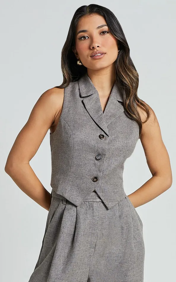 Showpo Andie Vest 8211 Button Through Collared Vest In Grey Women Tops