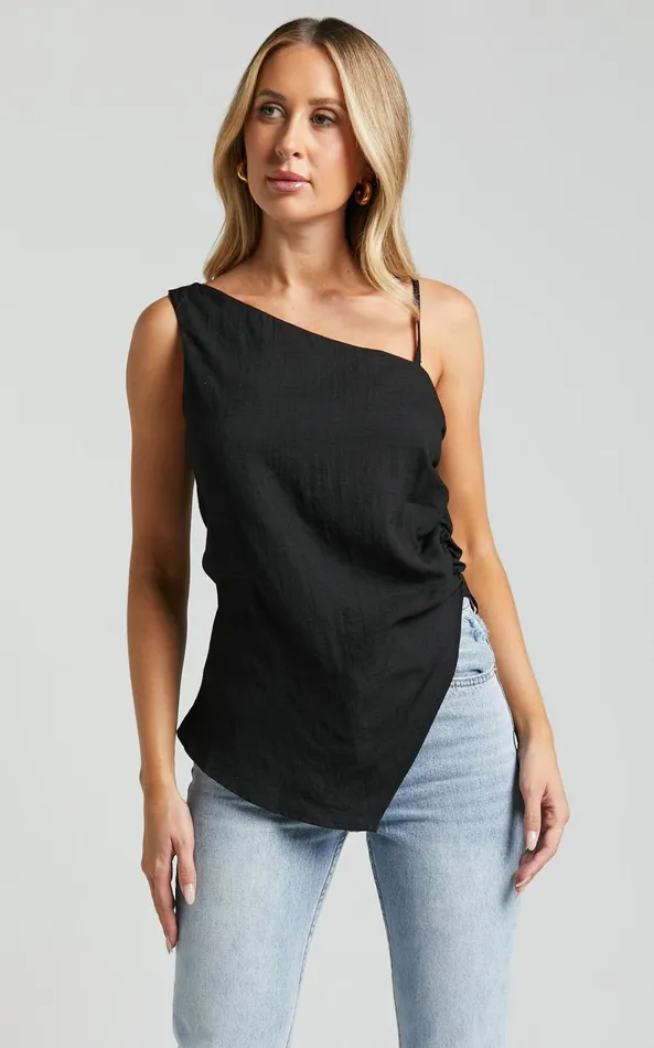 Showpo Andre Top 8211 Asymmetric Shoulder V Hem Cami In Black Women Tops
