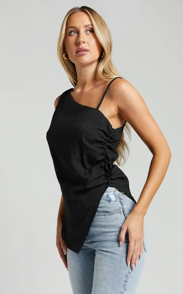 Showpo Andre Top 8211 Asymmetric Shoulder V Hem Cami In Black Women Tops