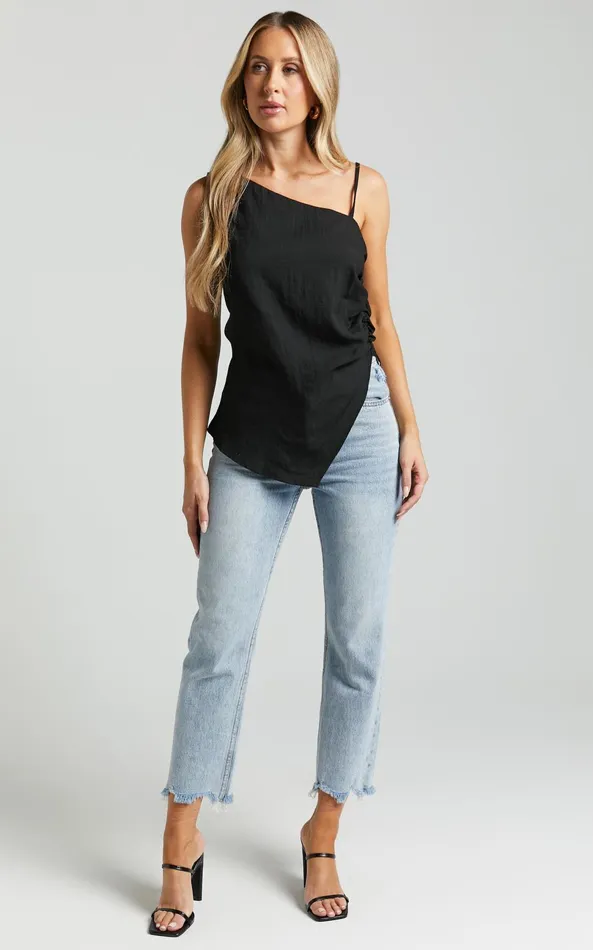 Showpo Andre Top 8211 Asymmetric Shoulder V Hem Cami In Black Women Tops