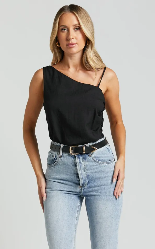 Showpo Andre Top 8211 Asymmetric Shoulder V Hem Cami In Black Women Tops
