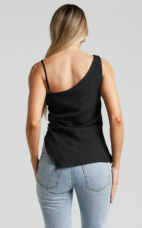 Showpo Andre Top 8211 Asymmetric Shoulder V Hem Cami In Black Women Tops