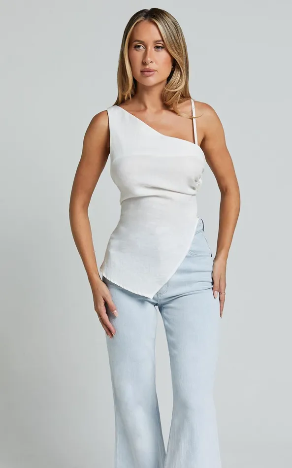 Showpo Andre Top 8211 Asymmetric Shoulder V Hem Cami In White Women Tops