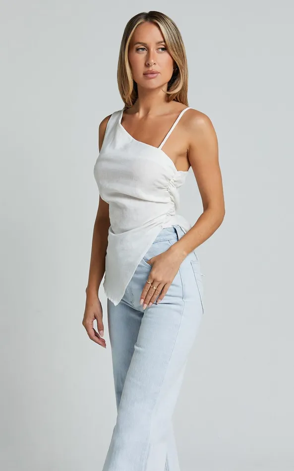 Showpo Andre Top 8211 Asymmetric Shoulder V Hem Cami In White Women Tops
