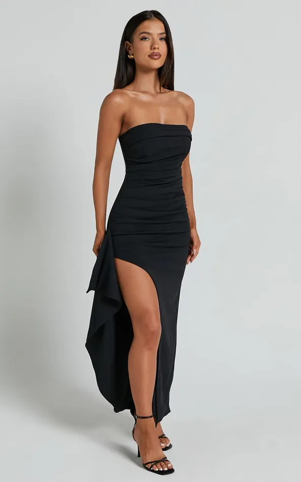 Showpo Andrea Midi Dress 8211 Strapless Ruffle Dress In Black Women Dresses