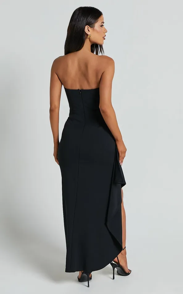 Showpo Andrea Midi Dress 8211 Strapless Ruffle Dress In Black Women Dresses