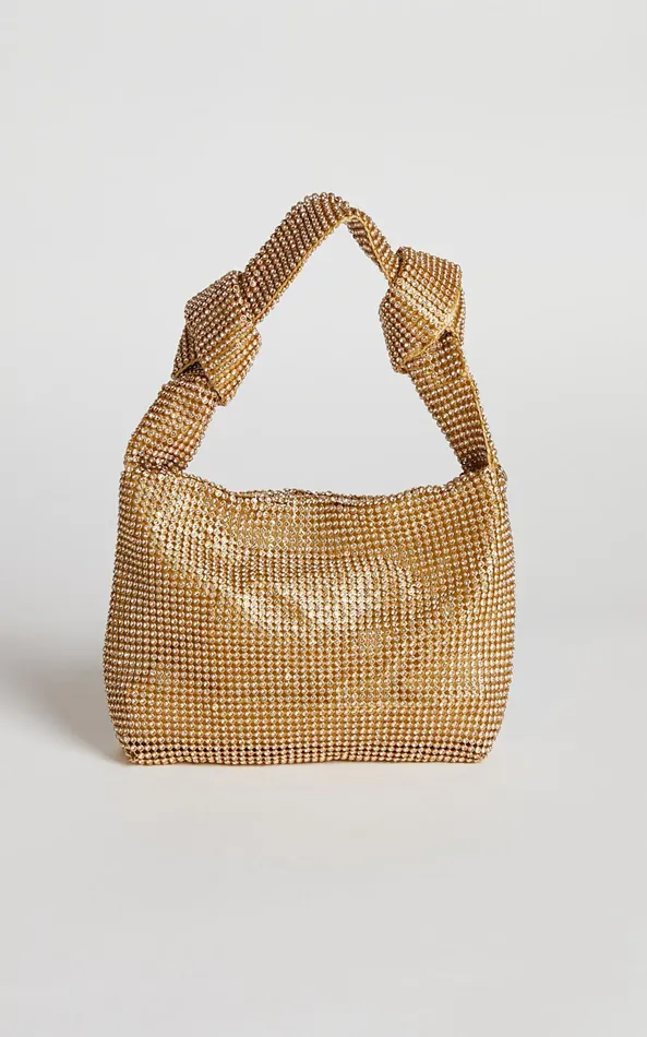 Showpo Andreanne Mesh Diamante Knot Bag In Gold Women Bags