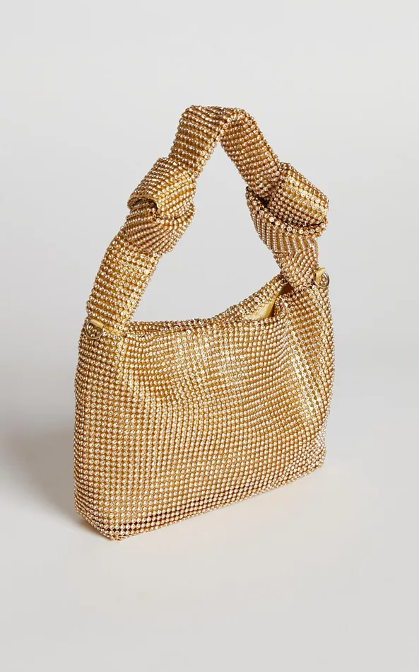 Showpo Andreanne Mesh Diamante Knot Bag In Gold Women Bags
