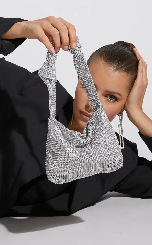 Showpo Andreanne Mesh Diamante Knot Bag In Silver Women Bags
