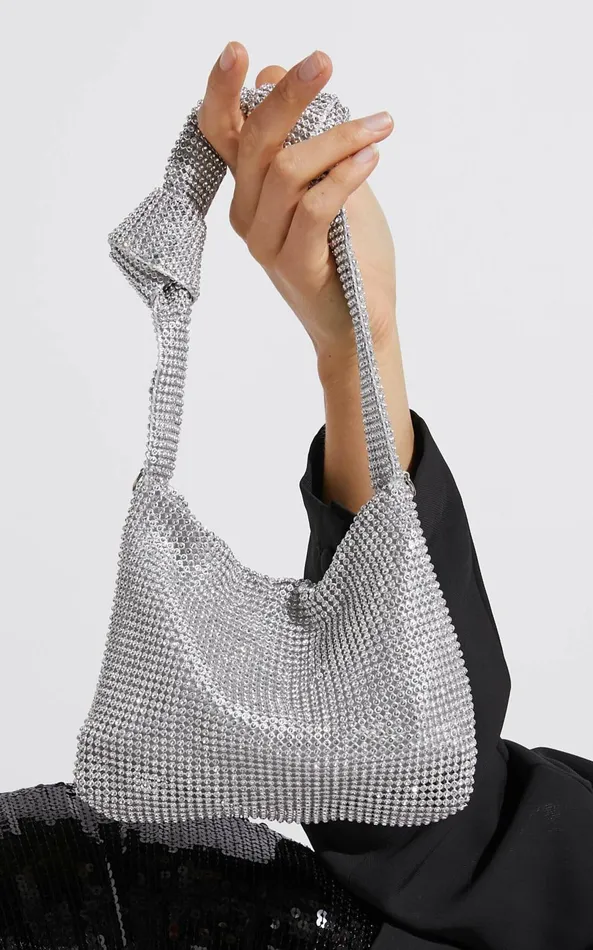 Showpo Andreanne Mesh Diamante Knot Bag In Silver Women Bags