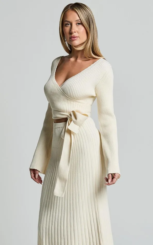 Showpo Andreia Midi Dress 8211 Knitted Wrap Long Sleeve Dress In Cream Women Dresses