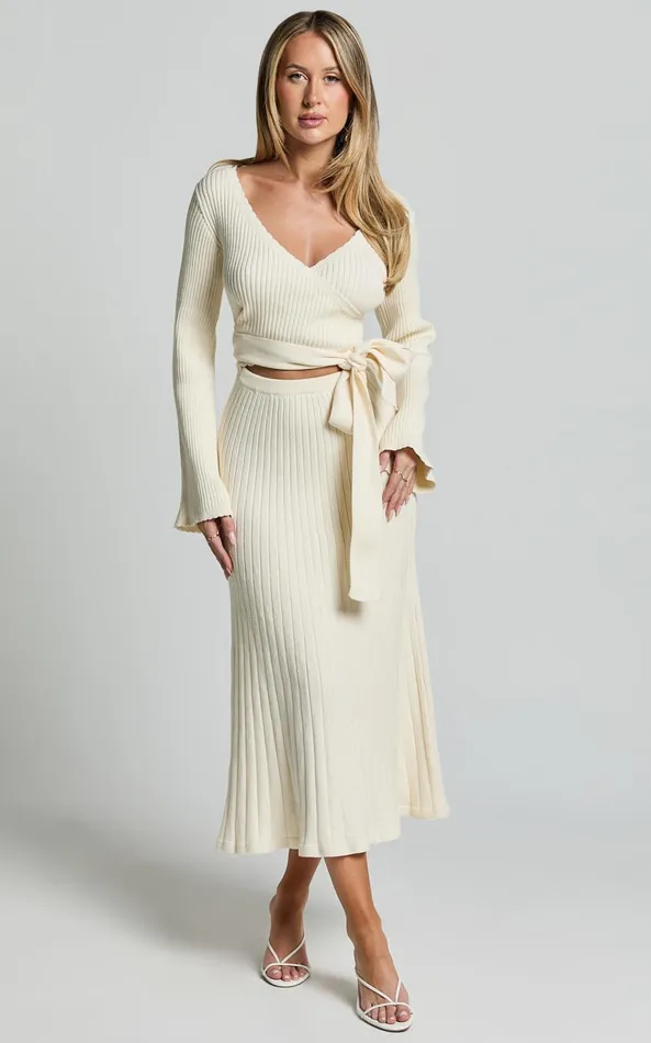 Showpo Andreia Midi Dress 8211 Knitted Wrap Long Sleeve Dress In Cream Women Dresses