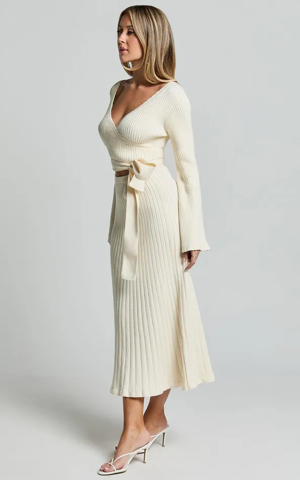 Showpo Andreia Midi Dress 8211 Knitted Wrap Long Sleeve Dress In Cream Women Dresses