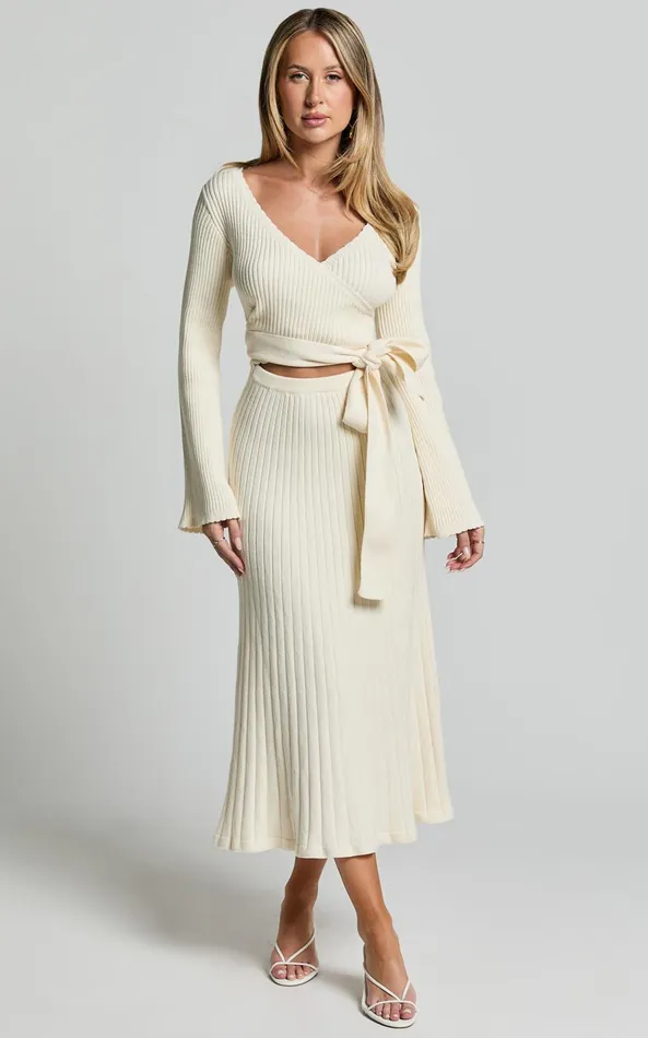 Showpo Andreia Midi Dress 8211 Knitted Wrap Long Sleeve Dress In Cream Women Dresses