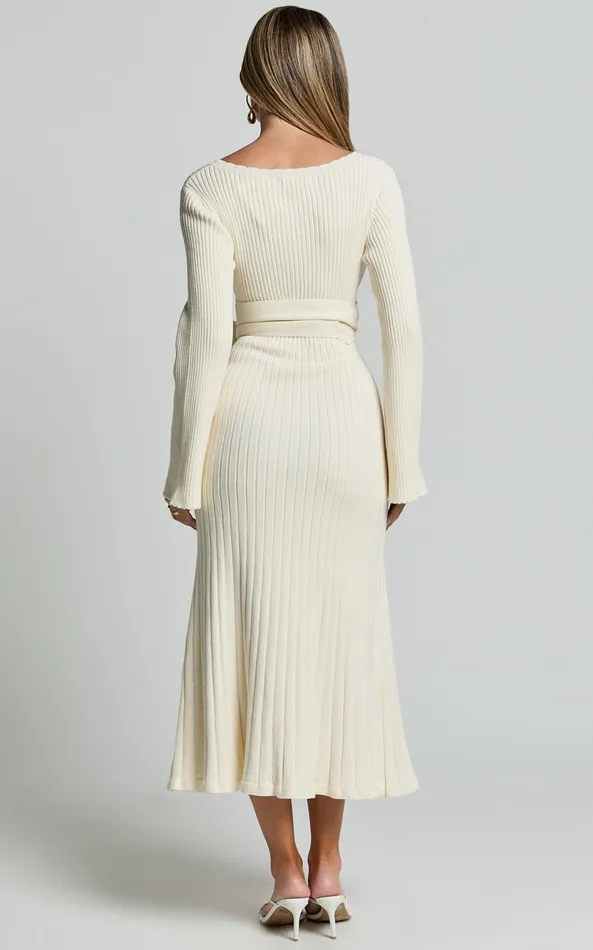 Showpo Andreia Midi Dress 8211 Knitted Wrap Long Sleeve Dress In Cream Women Dresses