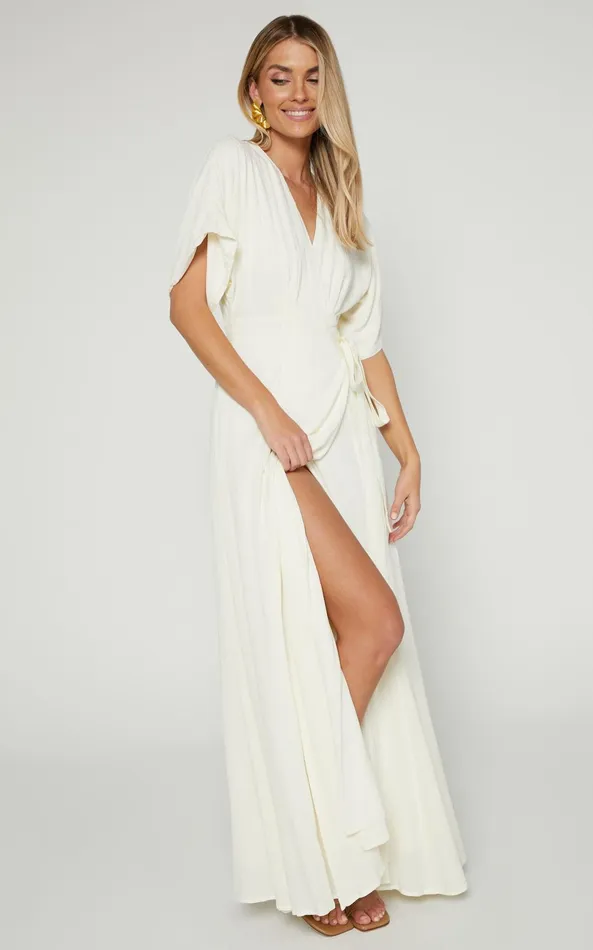 Showpo Andria Midi Dress 8211 V Neck Wrap Dress In Cream Women Dresses
