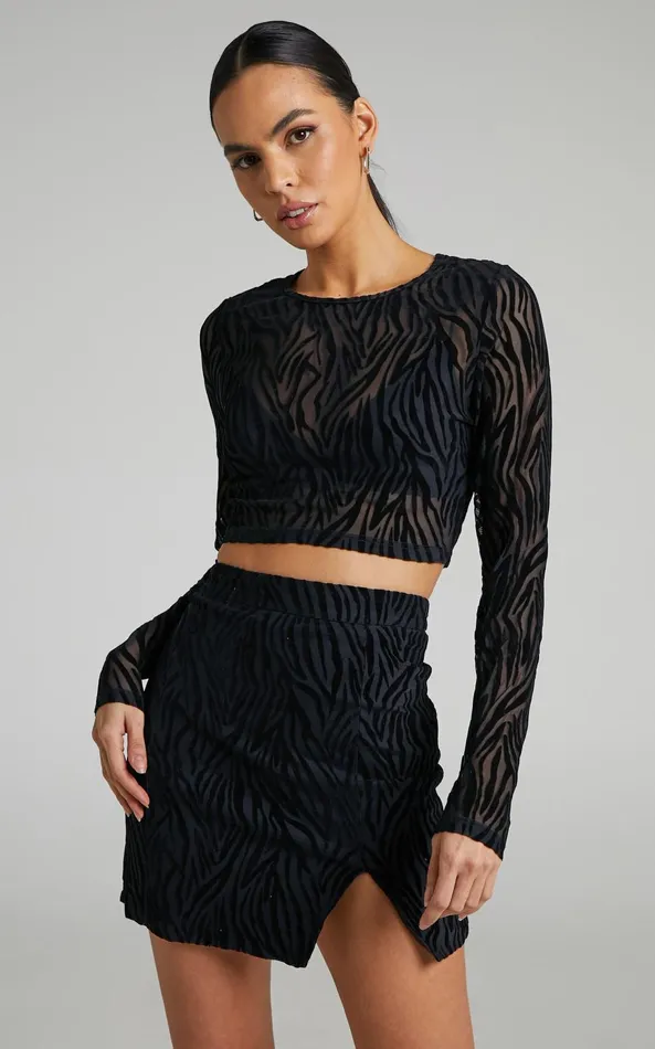 Showpo Andrik Two Piece Set 8211 Mesh Long Sleeve Crop Top And Mini Skirt Set In Black Zebra Women Curve Clothes