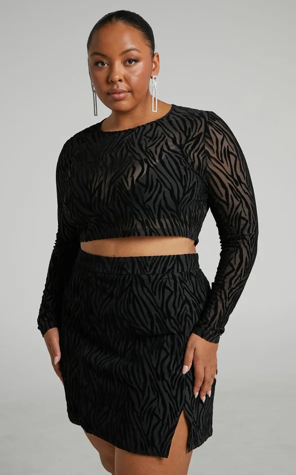 Showpo Andrik Two Piece Set 8211 Mesh Long Sleeve Crop Top And Mini Skirt Set In Black Zebra Women Curve Clothes