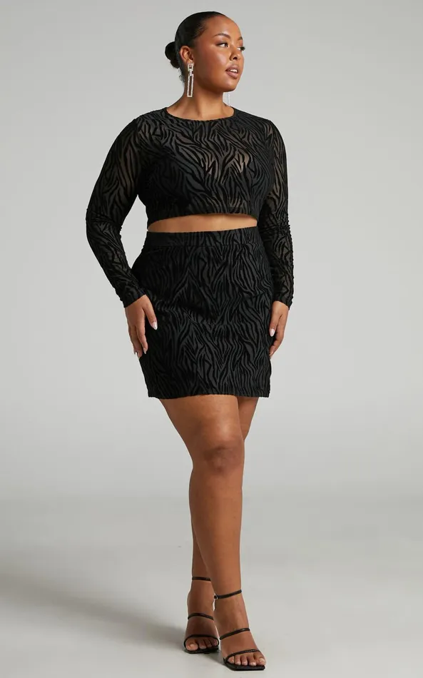 Showpo Andrik Two Piece Set 8211 Mesh Long Sleeve Crop Top And Mini Skirt Set In Black Zebra Women Curve Clothes