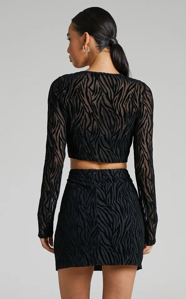 Showpo Andrik Two Piece Set 8211 Mesh Long Sleeve Crop Top And Mini Skirt Set In Black Zebra Women Curve Clothes