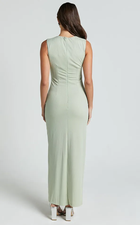 Showpo Andy Midi Dress 8211 Asymmetrical Cap Sleeve High Slit Slip Dress In Sage Women Dresses