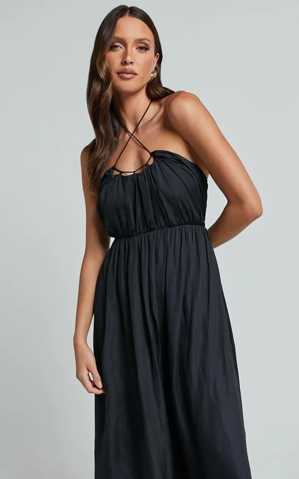Showpo Andy Midi Dress 8211 Halter Neck Ruched Bust Dress In Black Women Dresses