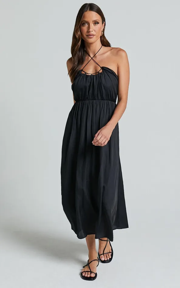 Showpo Andy Midi Dress 8211 Halter Neck Ruched Bust Dress In Black Women Dresses