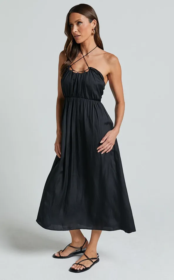 Showpo Andy Midi Dress 8211 Halter Neck Ruched Bust Dress In Black Women Dresses