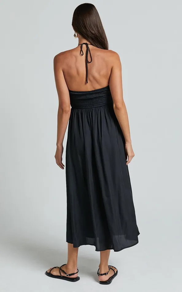 Showpo Andy Midi Dress 8211 Halter Neck Ruched Bust Dress In Black Women Dresses