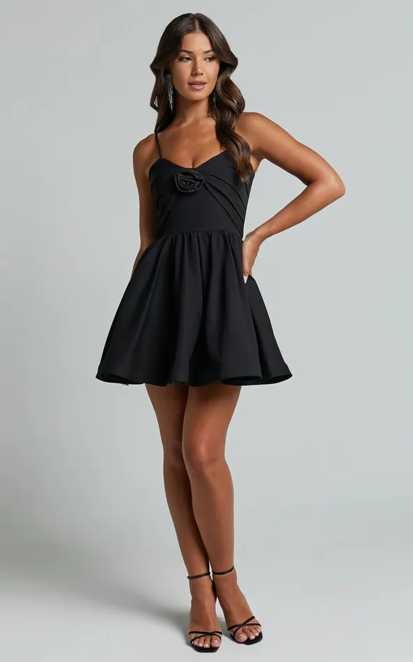 Showpo Angel Mini Dress 8211 Sweetheart Rosette Fit And Flare Dress In Black Women Dresses