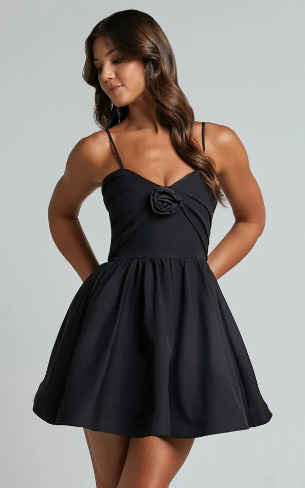 Showpo Angel Mini Dress 8211 Sweetheart Rosette Fit And Flare Dress In Black Women Dresses