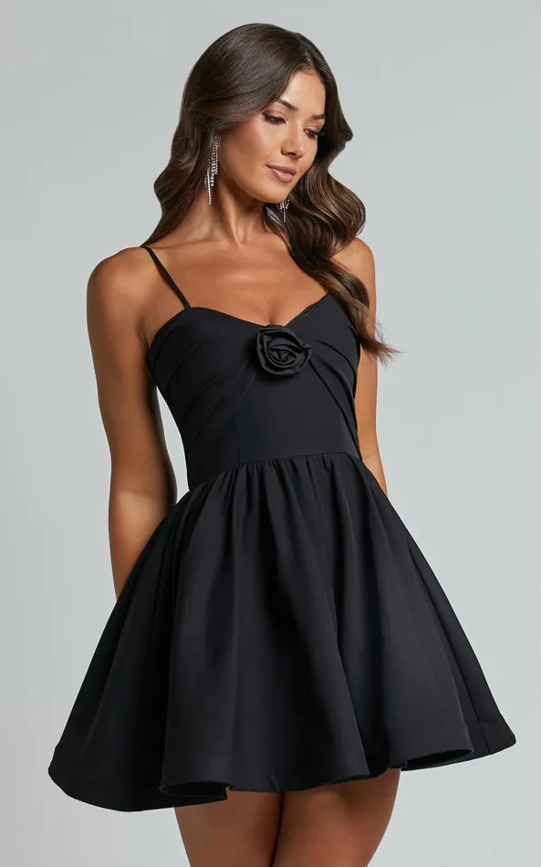 Showpo Angel Mini Dress 8211 Sweetheart Rosette Fit And Flare Dress In Black Women Dresses
