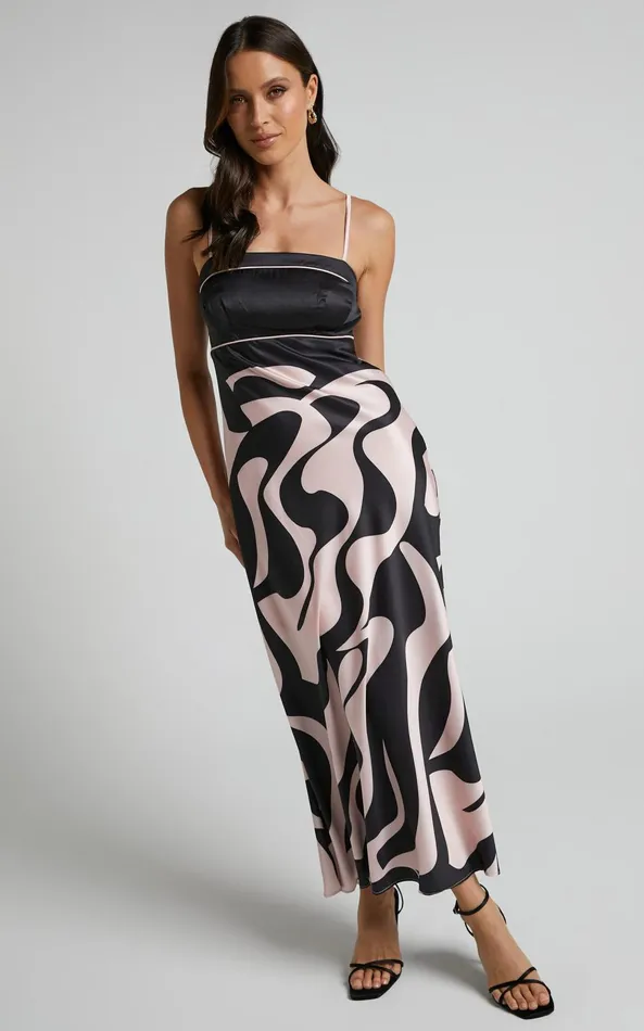 Showpo Angela Midi Dress 8211 Thin Strap A Line Dress In Black and Cream Swirl Women Dresses