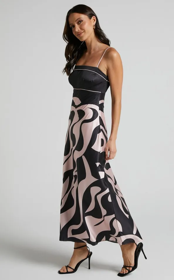 Showpo Angela Midi Dress 8211 Thin Strap A Line Dress In Black and Cream Swirl Women Dresses