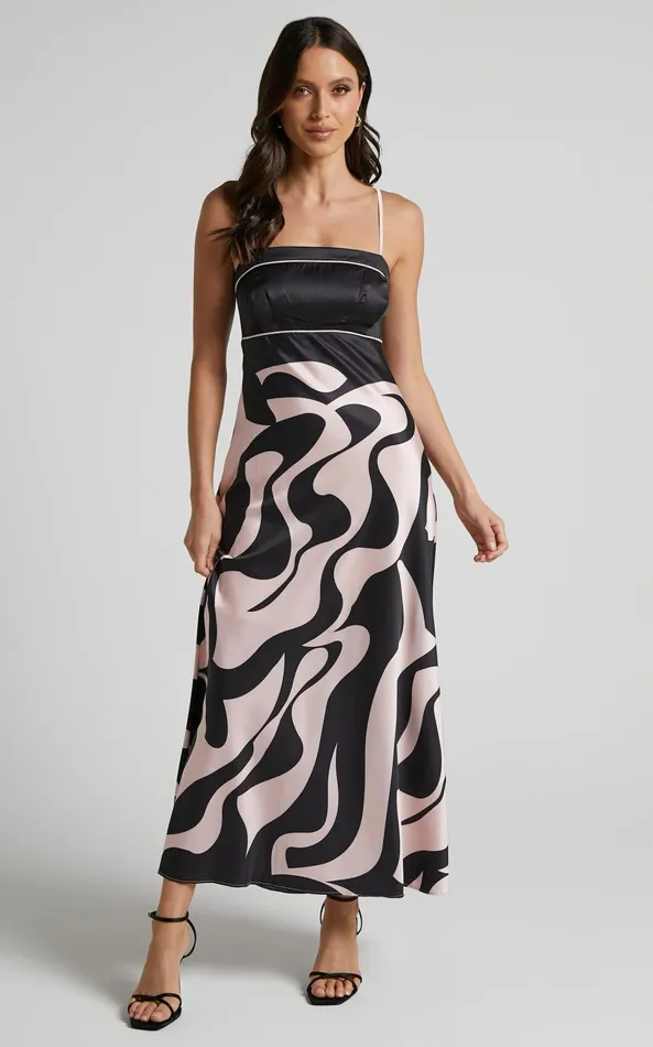 Showpo Angela Midi Dress 8211 Thin Strap A Line Dress In Black and Cream Swirl Women Dresses