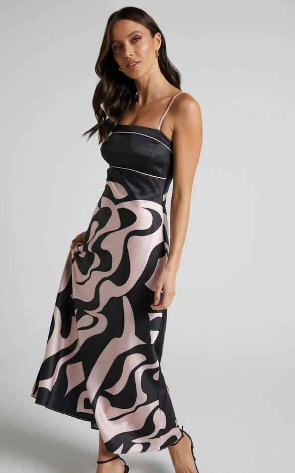 Showpo Angela Midi Dress 8211 Thin Strap A Line Dress In Black and Cream Swirl Women Dresses