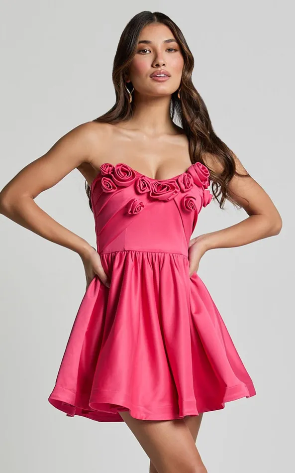 Showpo Angeletta Mini Dress 8211 Sweetheart Rosette Detail Fit and Flare In Pink Women Dresses
