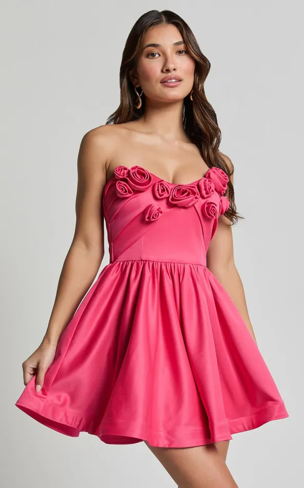 Showpo Angeletta Mini Dress 8211 Sweetheart Rosette Detail Fit and Flare In Pink Women Dresses
