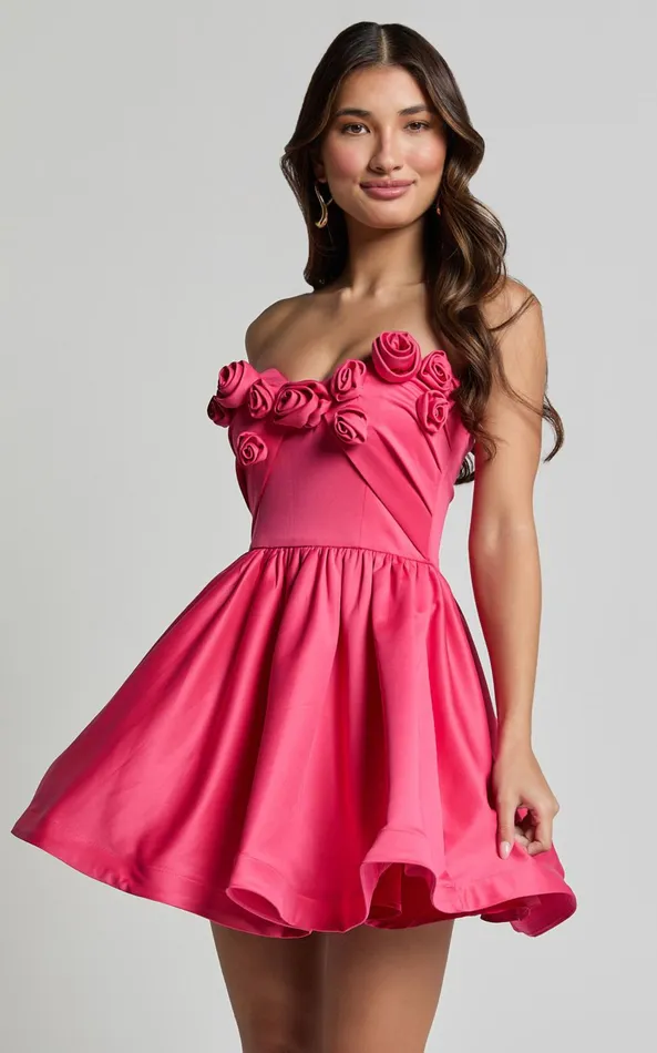 Showpo Angeletta Mini Dress 8211 Sweetheart Rosette Detail Fit and Flare In Pink Women Dresses