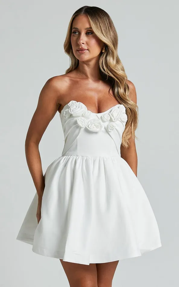Showpo Angeletta Mini Dress 8211 Sweetheart Rosette Detail Fit and Flare In White Women Dresses