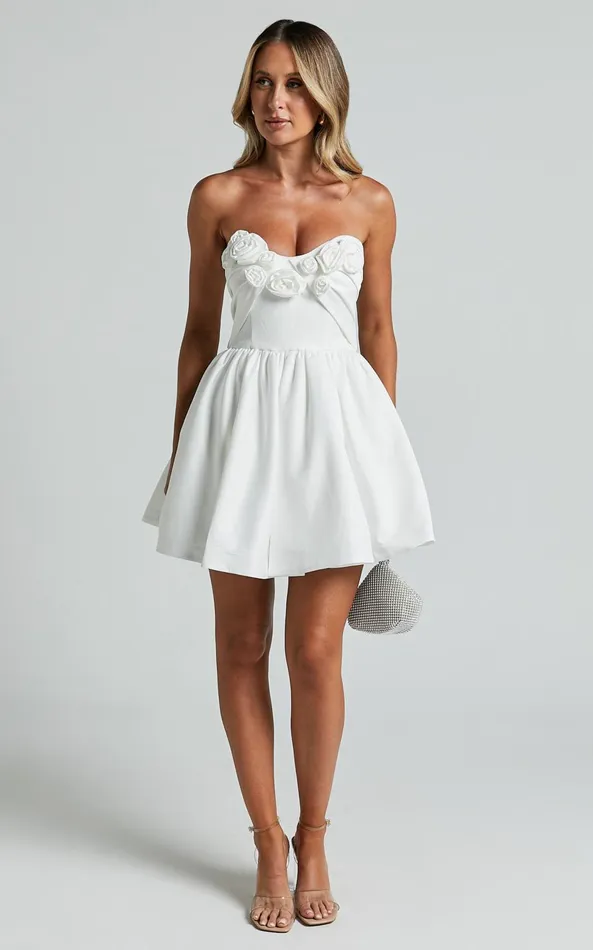 Showpo Angeletta Mini Dress 8211 Sweetheart Rosette Detail Fit and Flare In White Women Dresses
