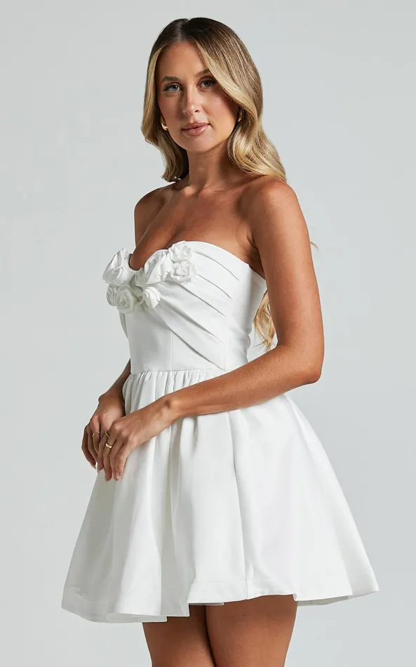 Showpo Angeletta Mini Dress 8211 Sweetheart Rosette Detail Fit and Flare In White Women Dresses