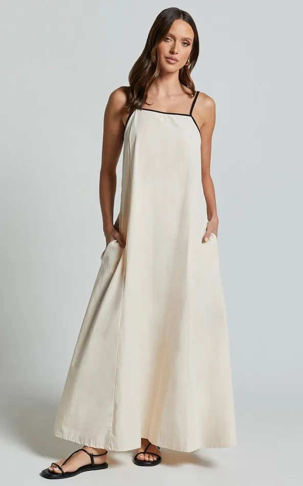 Showpo Angelina Midi Dress 8211 Straight Neck Sleeveless A Line Dress In Natural Women Dresses