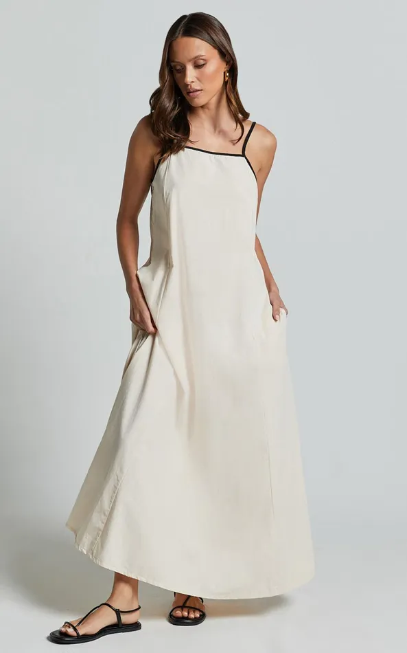 Showpo Angelina Midi Dress 8211 Straight Neck Sleeveless A Line Dress In Natural Women Dresses